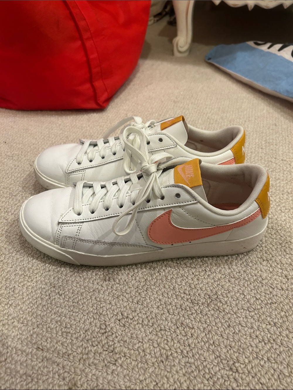 Nike Women's White Leather Sneakers with Coral Pink Swoosh and Yellow Heel